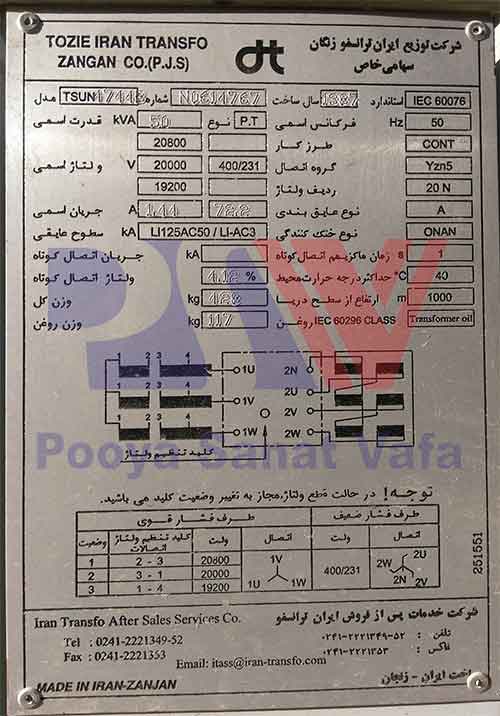 پلاک مشخصات ترانسفورماتورهای توزیع